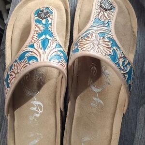 Women’s Turquoise Floral Leather Thong Sandals
